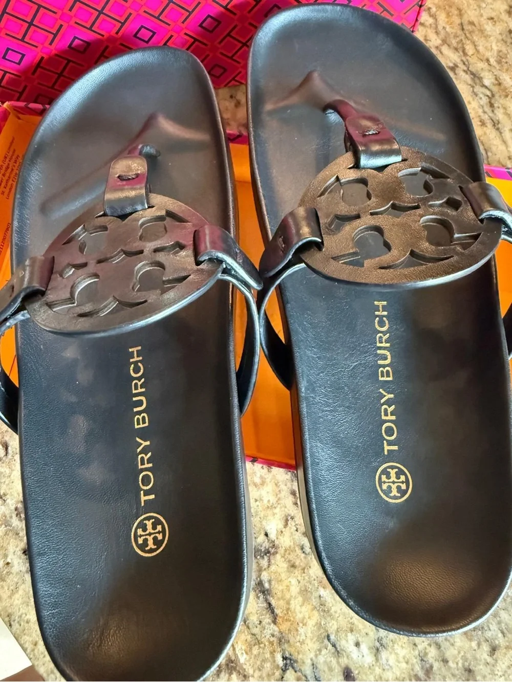 Tory Burch Black Leather Logo Thong Sandals